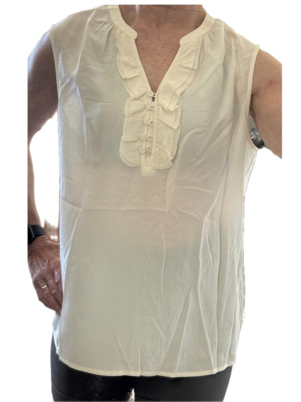 100% Silk Ivory Shell Top Sleeveless Talbots Ruffle Tuxedo V neckline Sz 10